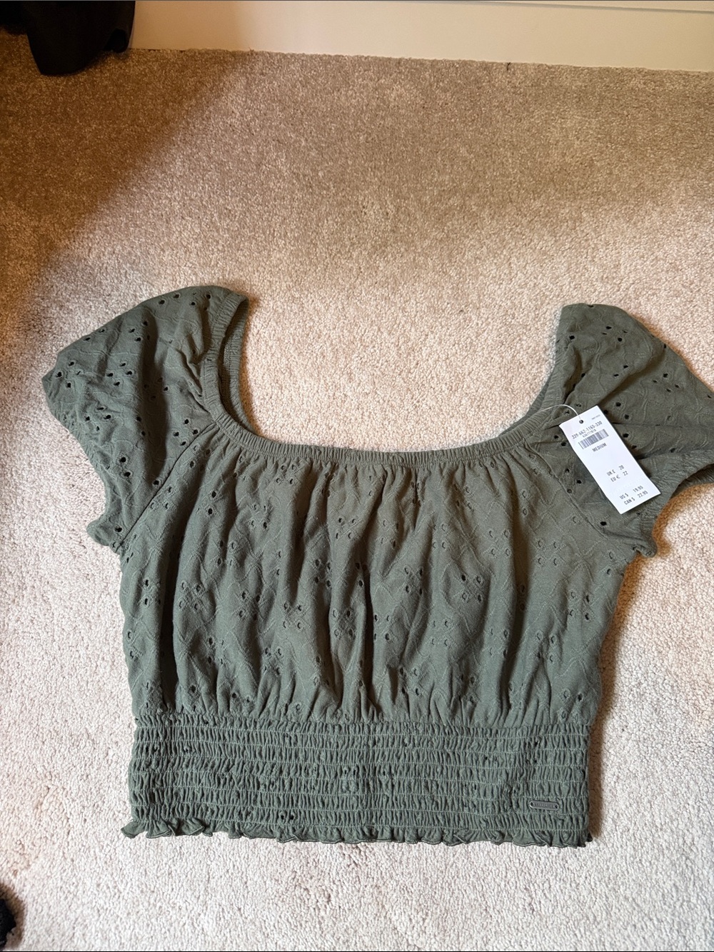 NWT Hollister Olive Green Eyelet Puff-Sleeve Top